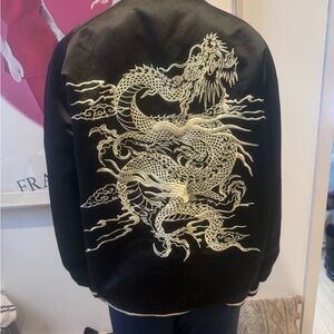 Black satin jacket with dragon embroidery